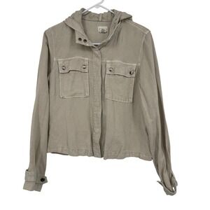 Nicole Miller New York Womens Linen Blend Hooded Utility Jacket Khaki Tan Large